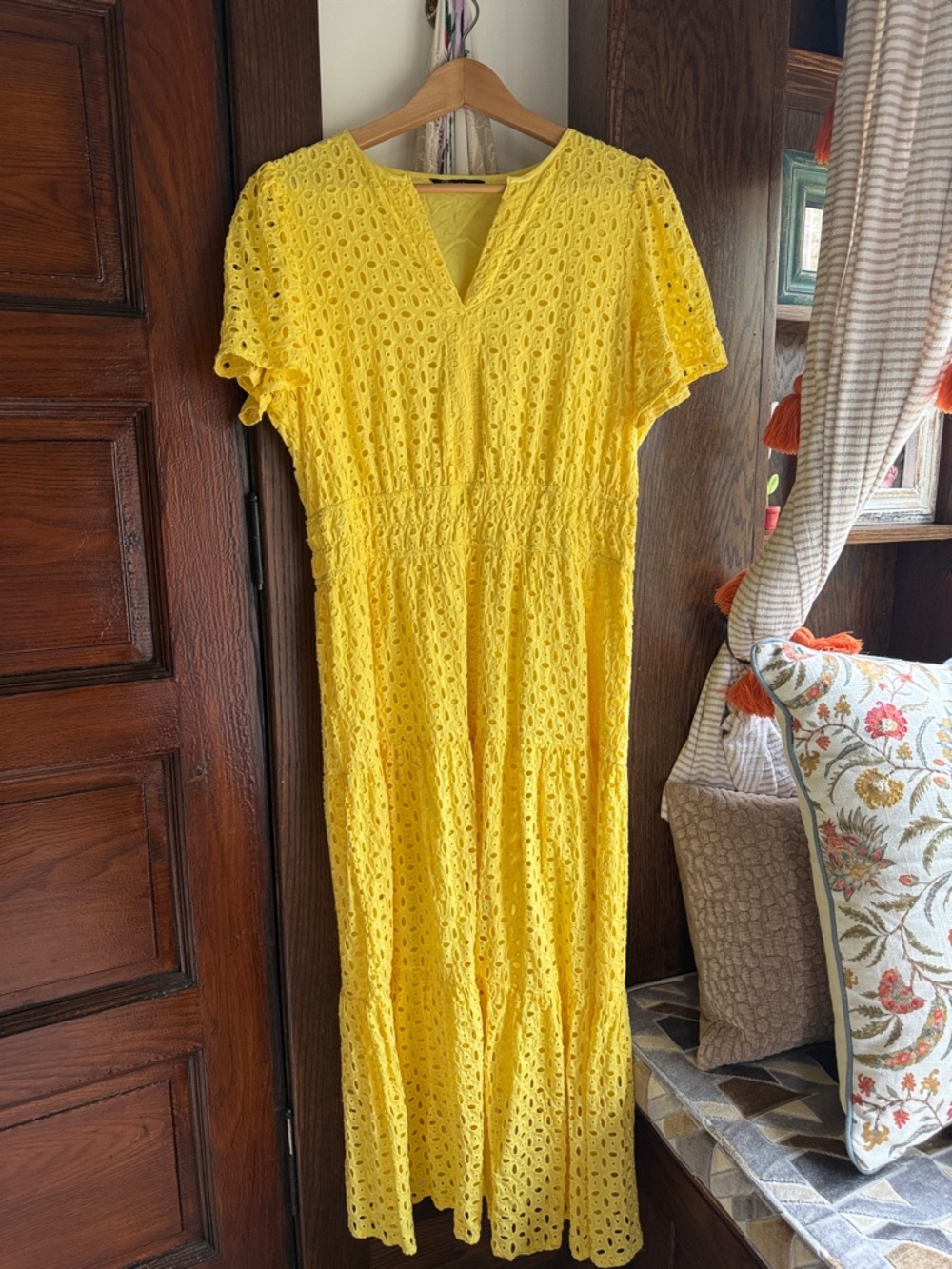 Women's Bright Yellow Eyelet V-Neck Maxi Dress